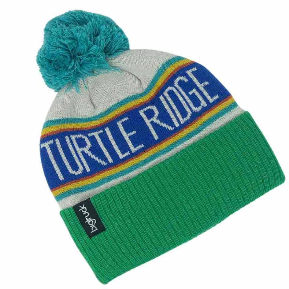 Turtle Ridge Foundation Cute Winter Hat green blue aqua pom pom big truck logo on back