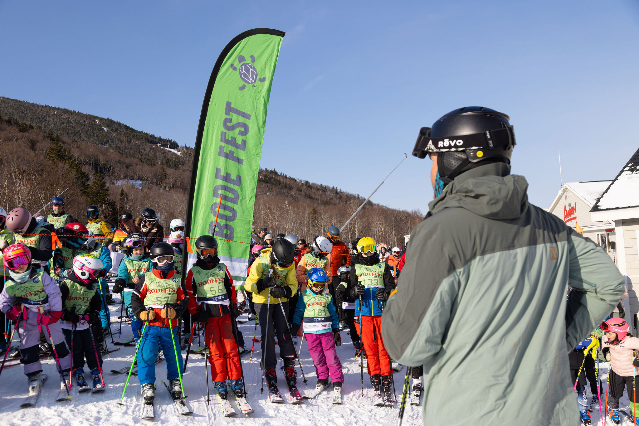 Bode Miller looking at crowd of youth skiiers at Bode FEst Ski Challenge 2026